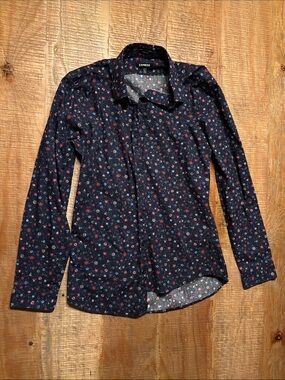 Express Navy Button-Down Shirt with Red and Blue Floral Print
